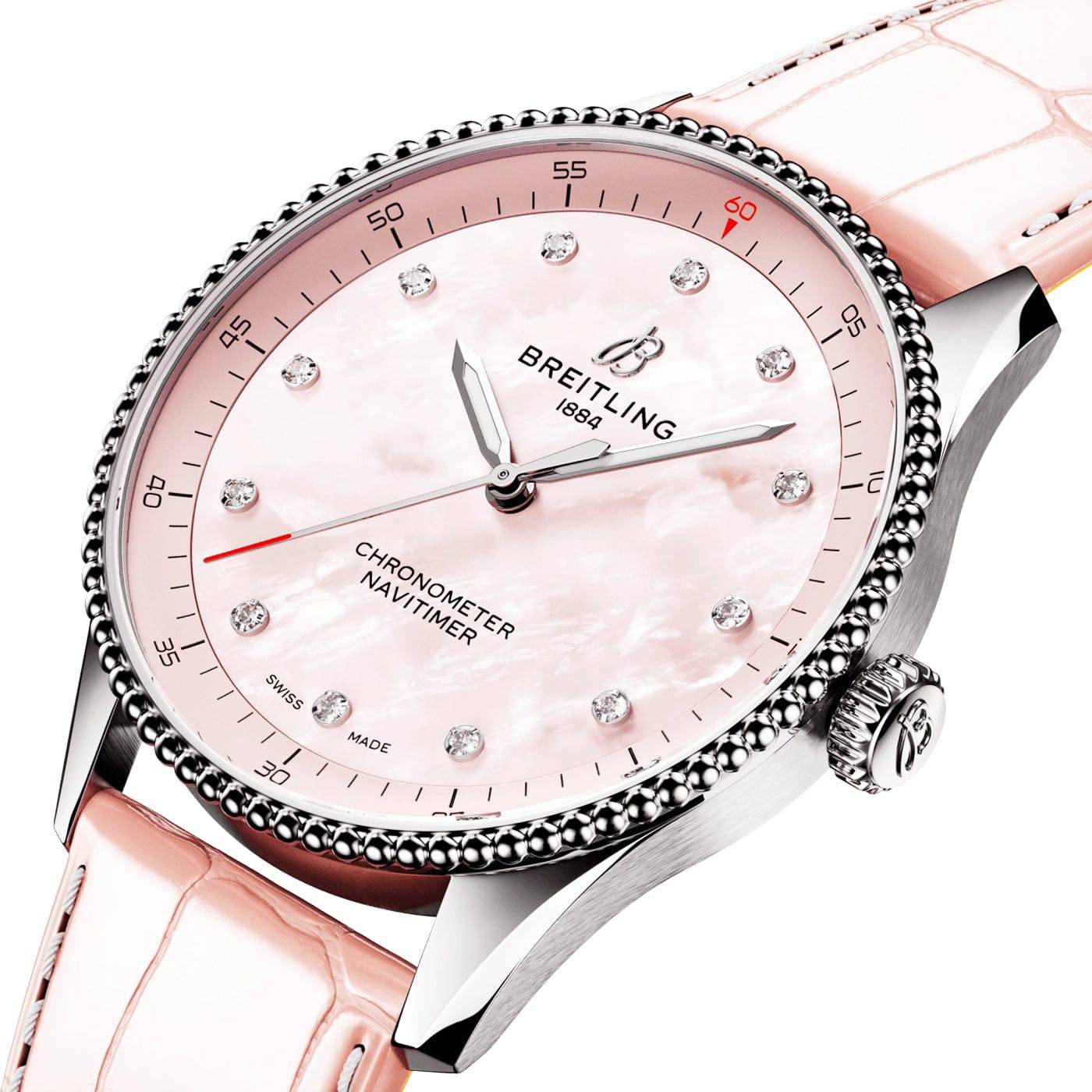 Navitimer 32mm Pink Mother of Pearl Diamond Dial Strap Watch - Image 2