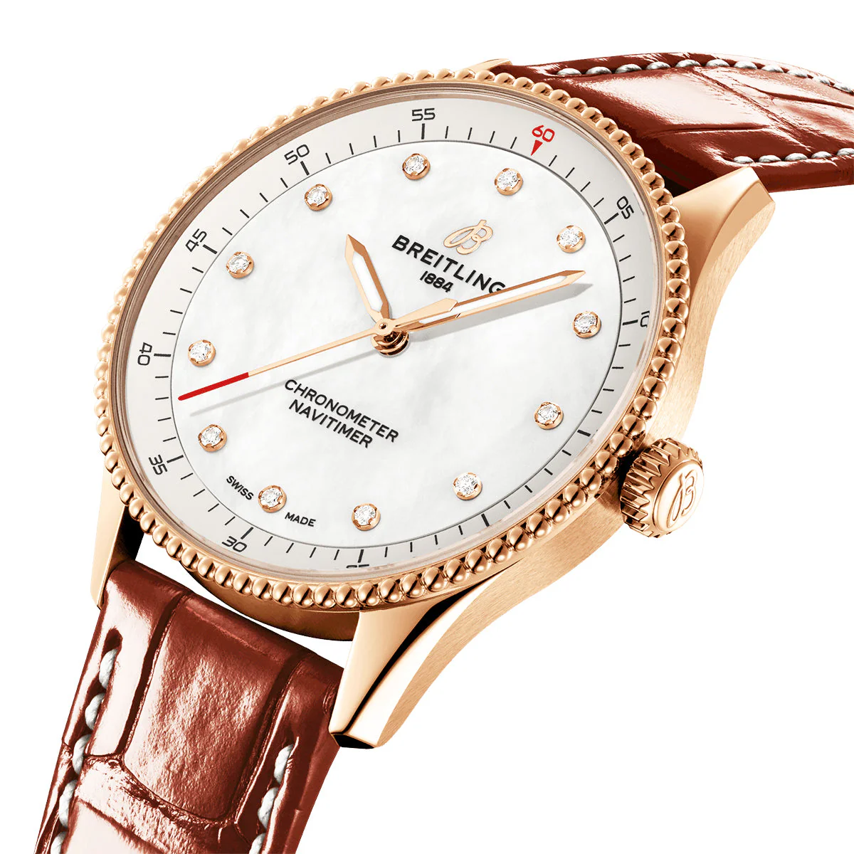 Navitimer 32mm 18ct Red Gold Diamond Dial Ladies Strap Watch - Image 2