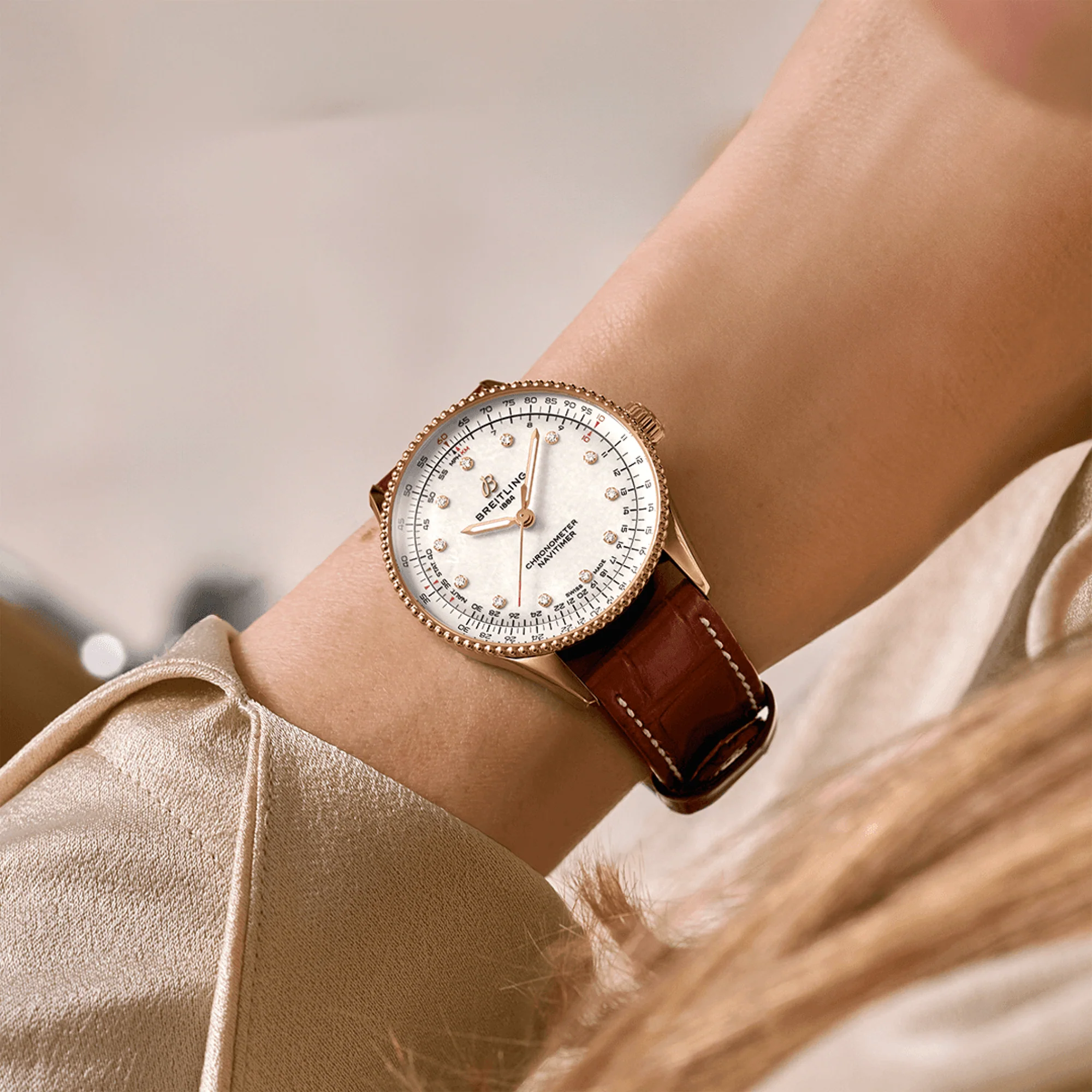 Navitimer 36mm 18ct Red Gold Diamond Dial Ladies Strap Watch - Image 4