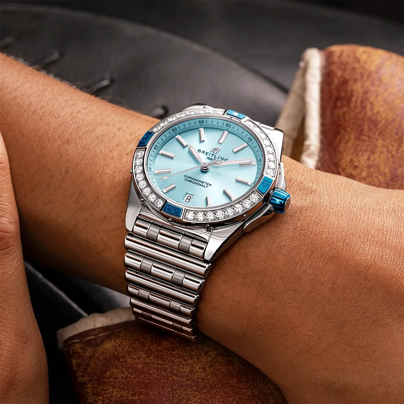 Super Chronomat 38mm Ice Blue Dial Diamond Set Bracelet Watch - Image 5