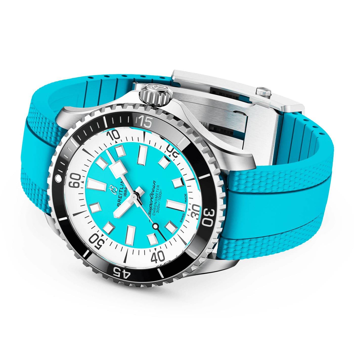 Superocean 44mm Turquoise Dial Men's Automatic Rubber Strap Watch - Image 4