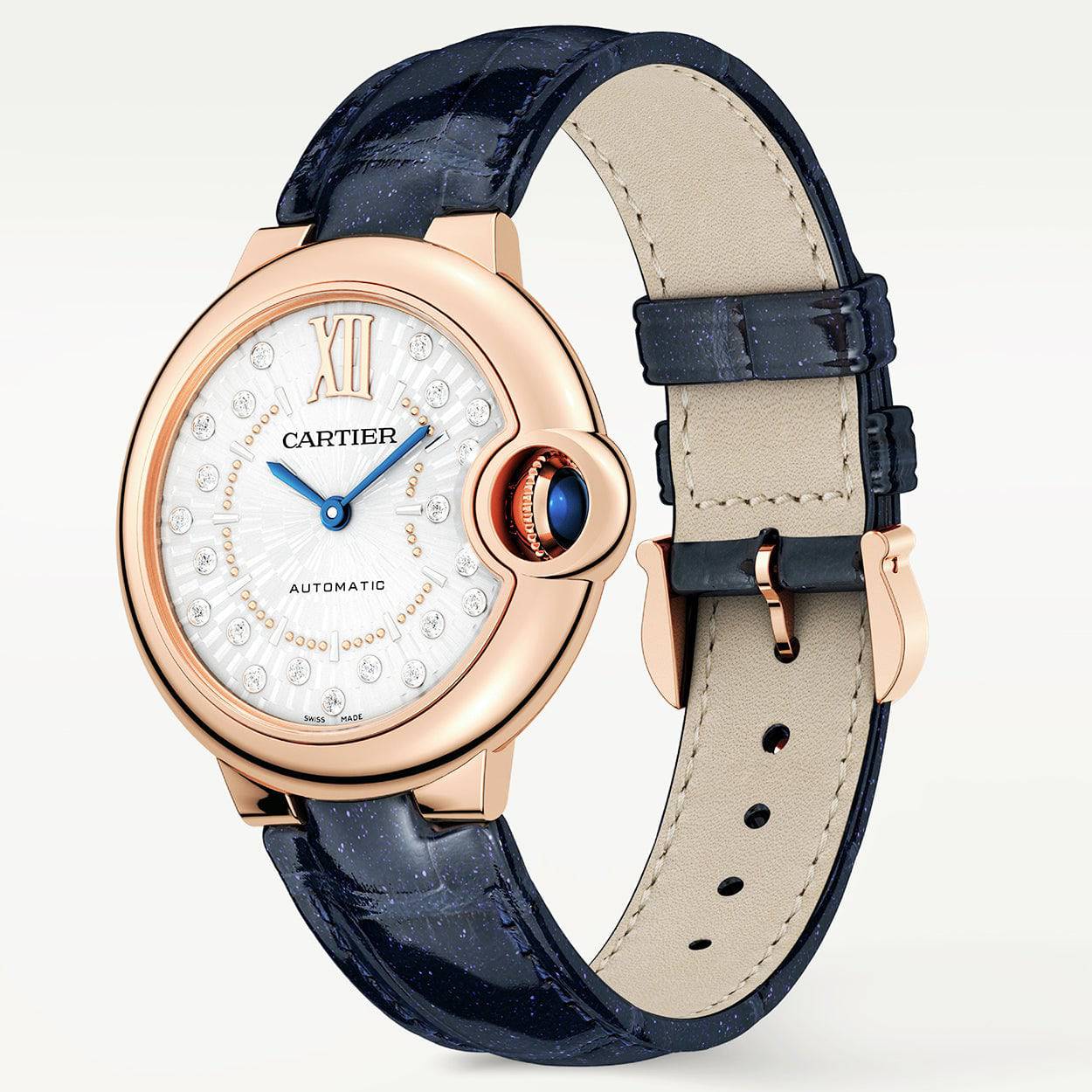 Ballon Bleu de Cartier 33mm 18ct Rose Gold Diamond Dial Watch Black Strap - Image 4