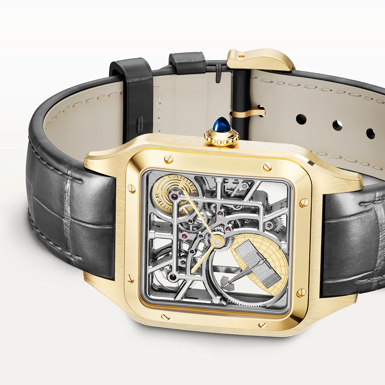 Santos-Dumont Large 18ct Yellow Gold Skeleton Dial Automatic Watch - Image 3