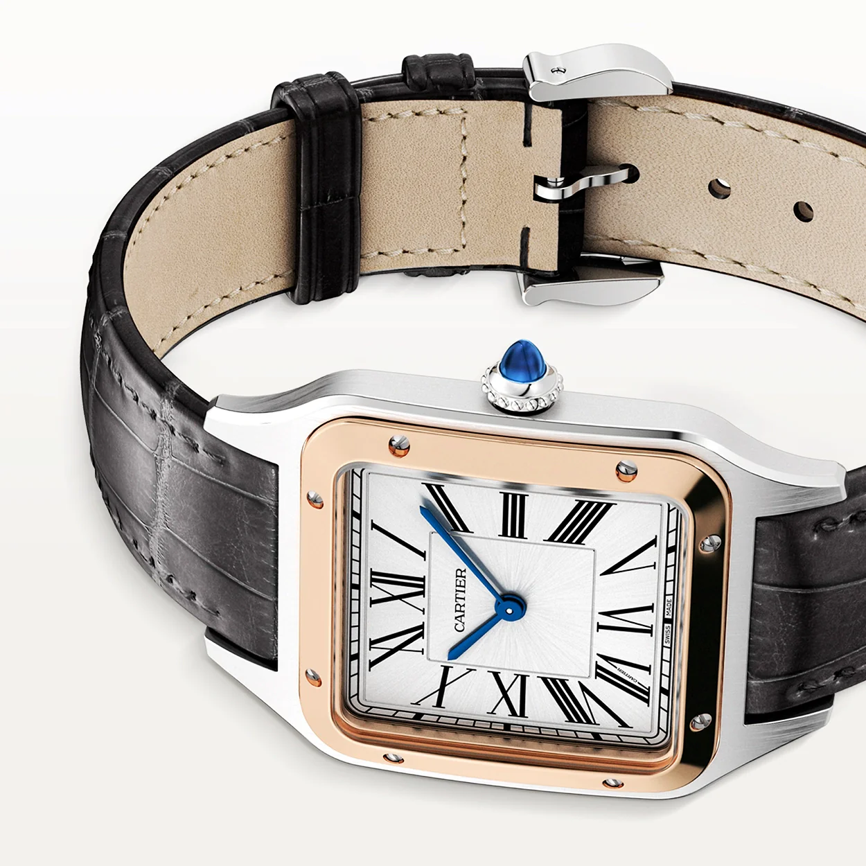 Santos-Dumont Large & 18ct Pink Gold Steel Leather Strap Watch - Image 3