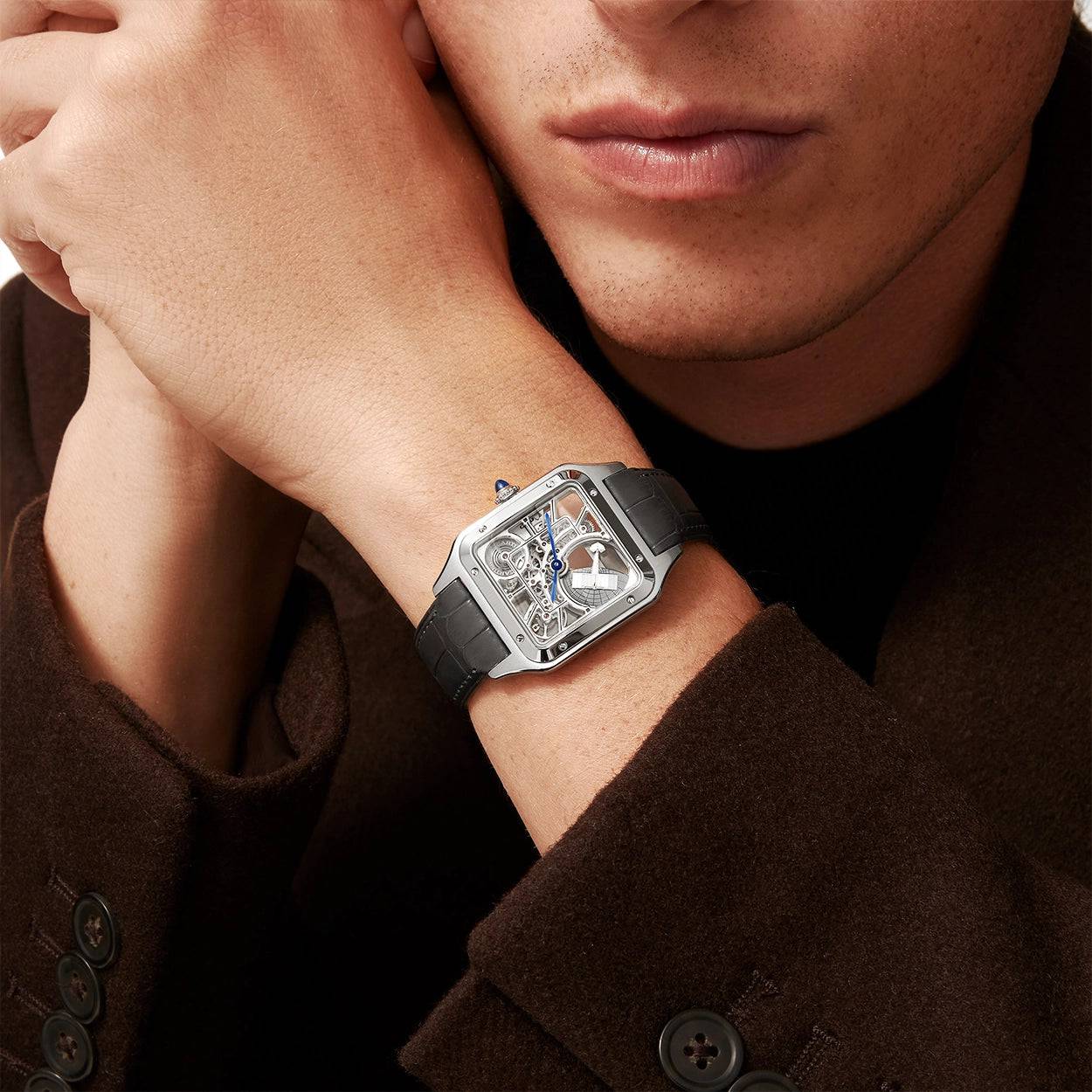 Santos-Dumont Large Steel Skeleton Dial Automatic Strap Watch - Image 2
