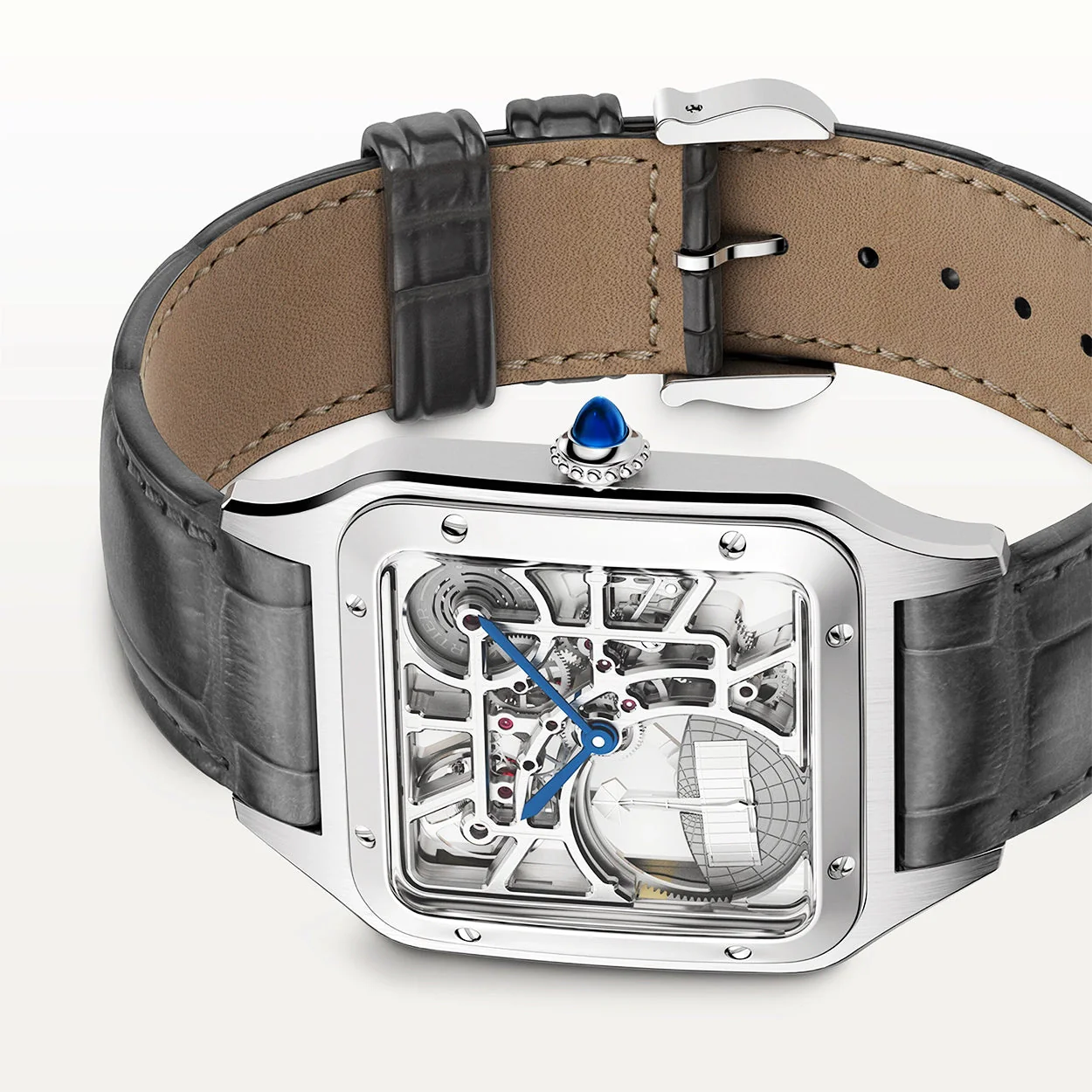 Santos-Dumont Large Steel Skeleton Dial Automatic Strap Watch - Image 4