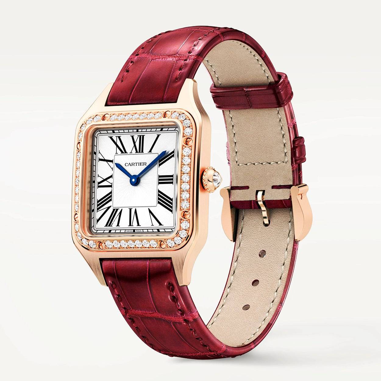 Santos-Dumont Small 18ct Rose Gold Silver Dial Diamond Set Bezel Strap Watch - Image 4