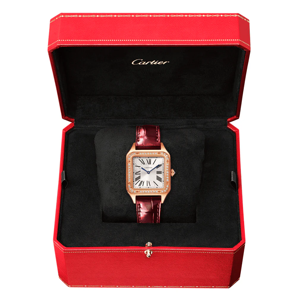 Santos-Dumont Small 18ct Rose Gold Silver Dial Diamond Set Bezel Strap Watch - Image 7