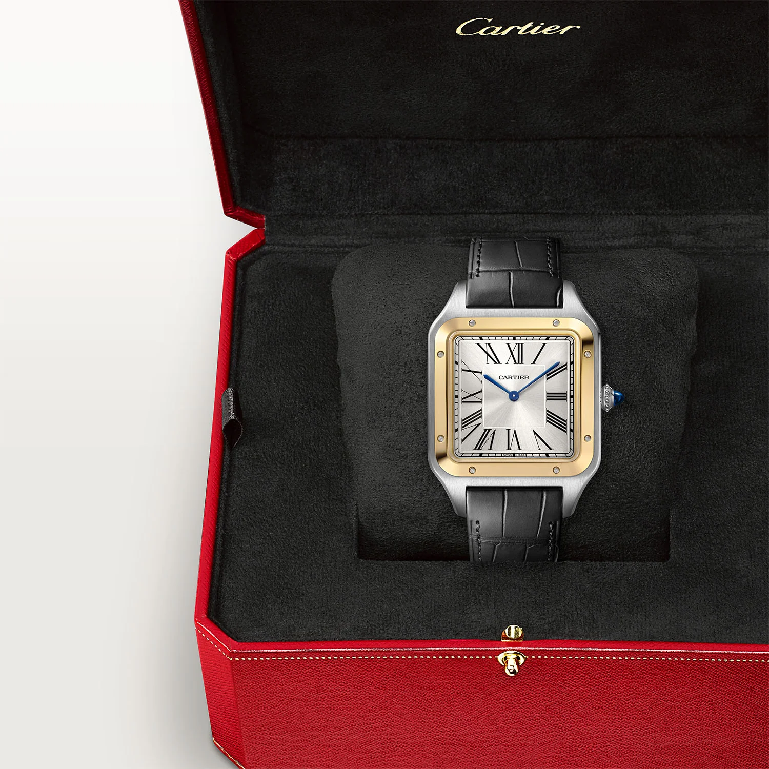 Santos-Dumont XL Steel & 18ct Yellow Gold Silver Dial Leather Strap Watch - Image 3