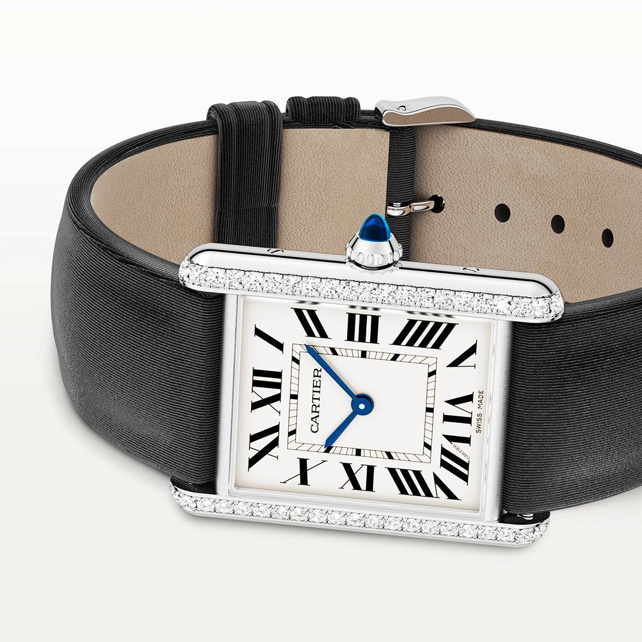 Tank Must Large Steel Diamond Set Leather Strap Watch - Image 2