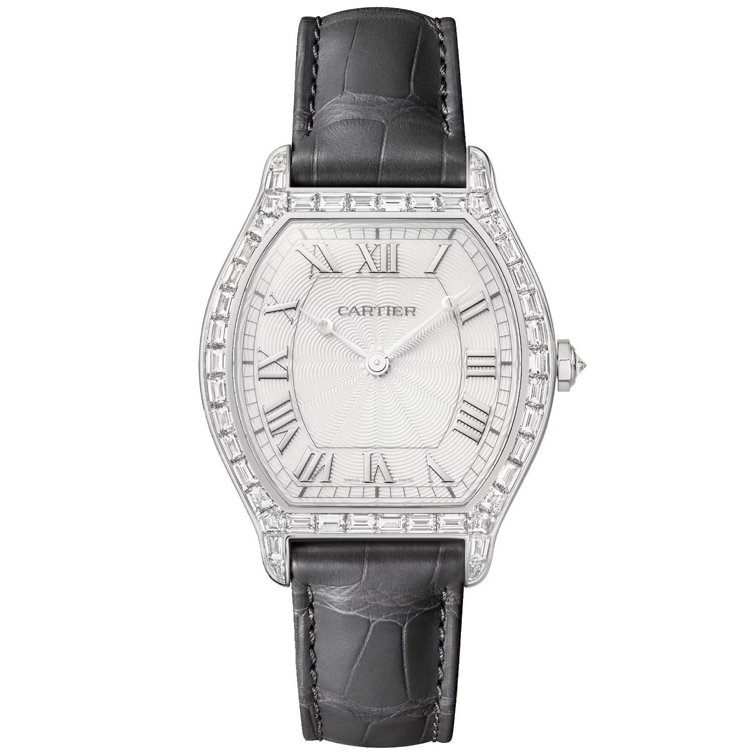 Tortue Baguette Platinum Diamond Set Leather Strap Watch