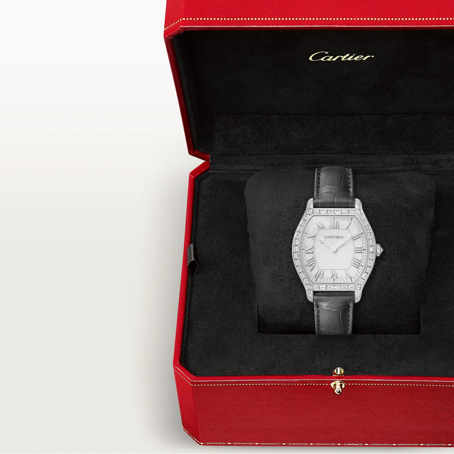 Tortue Baguette Platinum Diamond Set Leather Strap Watch - Image 4