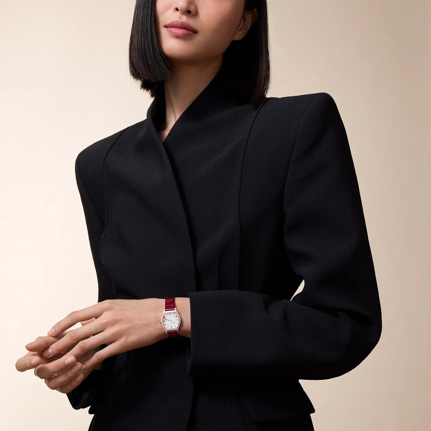Tortue Small Pink Gold Diamond Set Red Strap Watch - Image 5