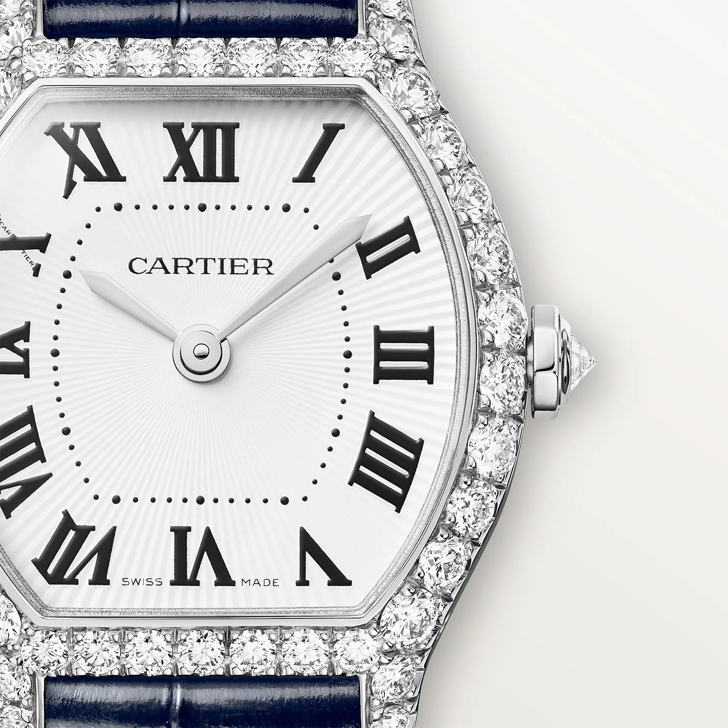 Tortue Mini White Gold Diamond Set Navy Strap Watch - Image 2