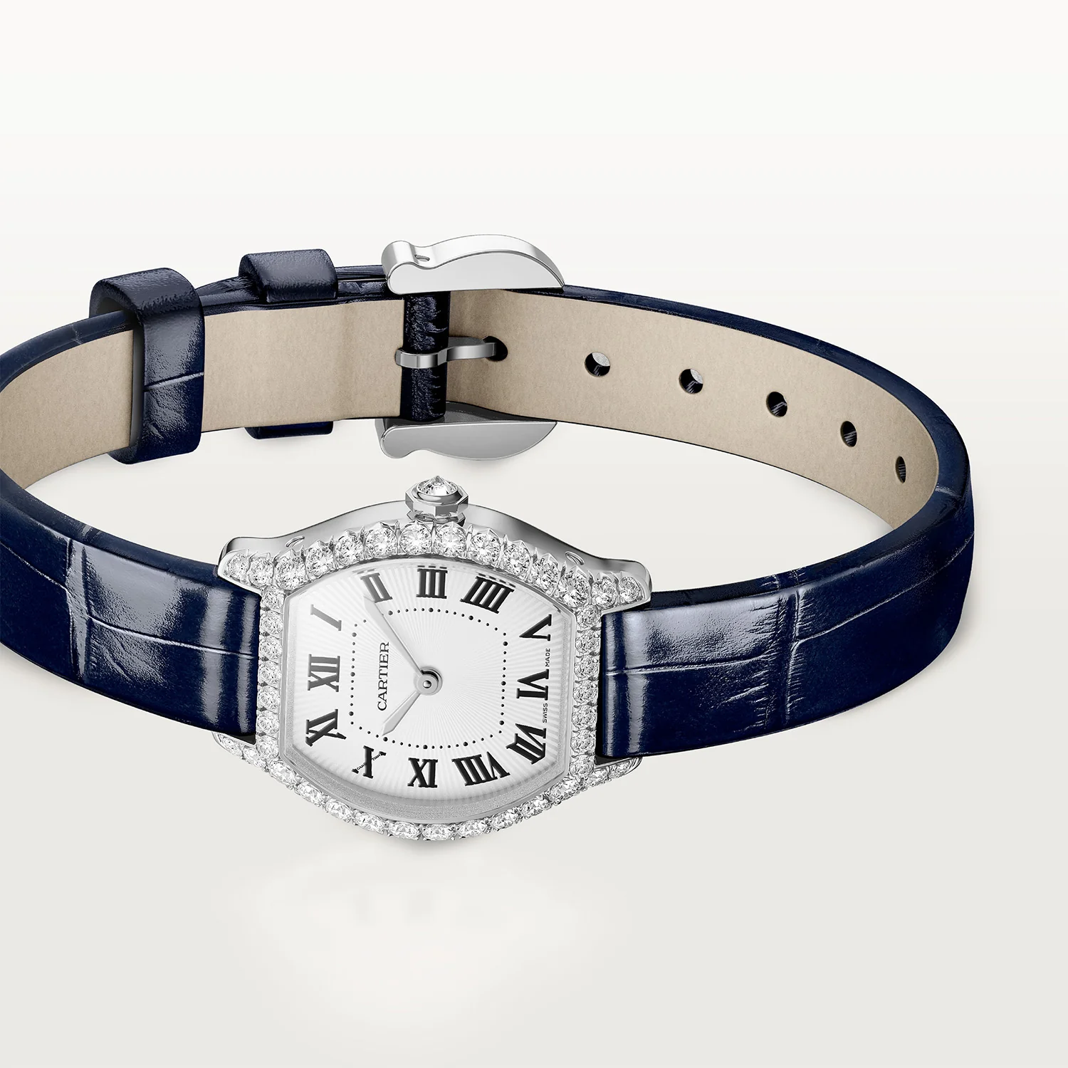 Tortue Mini White Gold Diamond Set Navy Strap Watch - Image 5