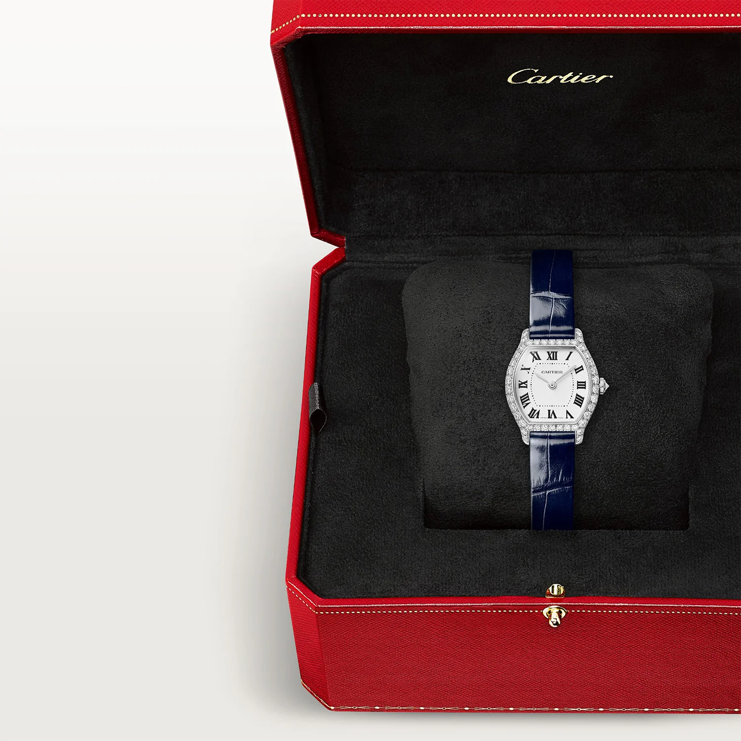 Tortue Mini White Gold Diamond Set Navy Strap Watch - Image 6