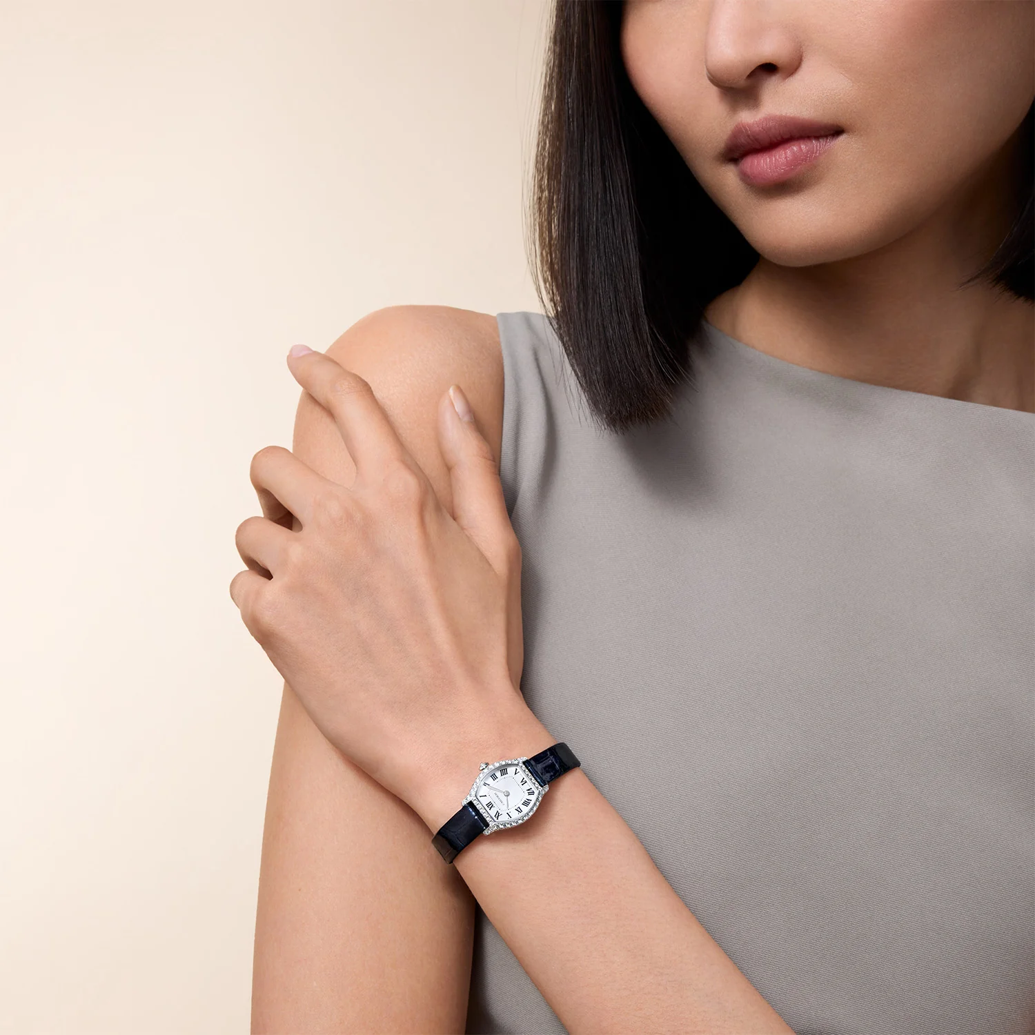Tortue Mini White Gold Diamond Set Navy Strap Watch - Image 8