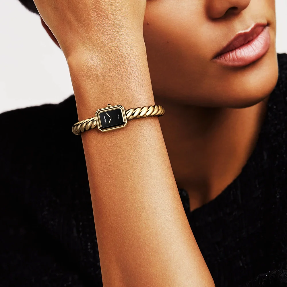 PREMIERE Galon 18ct Yellow Gold Black Dial Medium Bangle Watch - Image 2