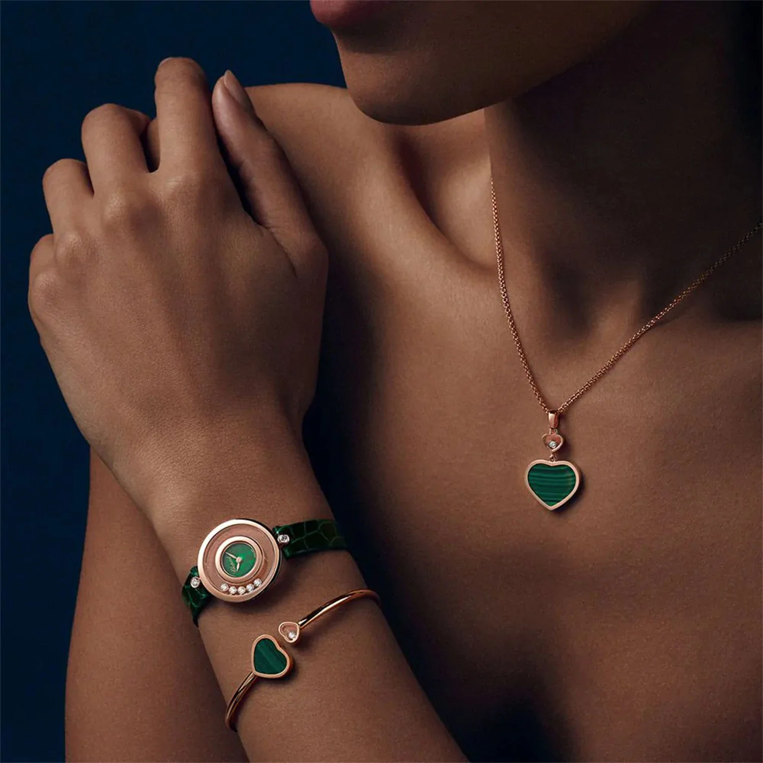 18ct Rose Gold Happy Hearts Malachite & Diamond Bangle - Image 2
