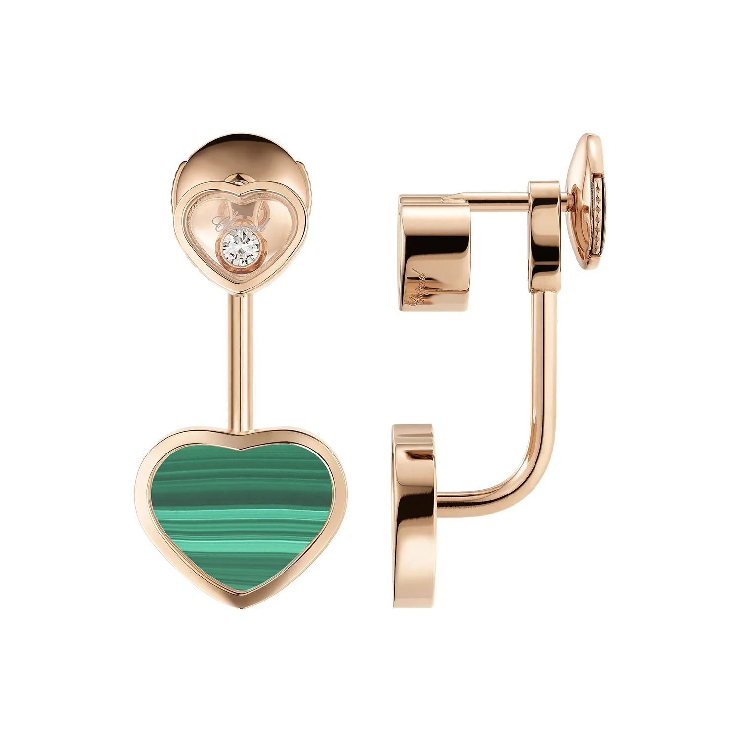18ct Rose Gold Happy Hearts Malacite & Diamond Drop Earrings - Image 2