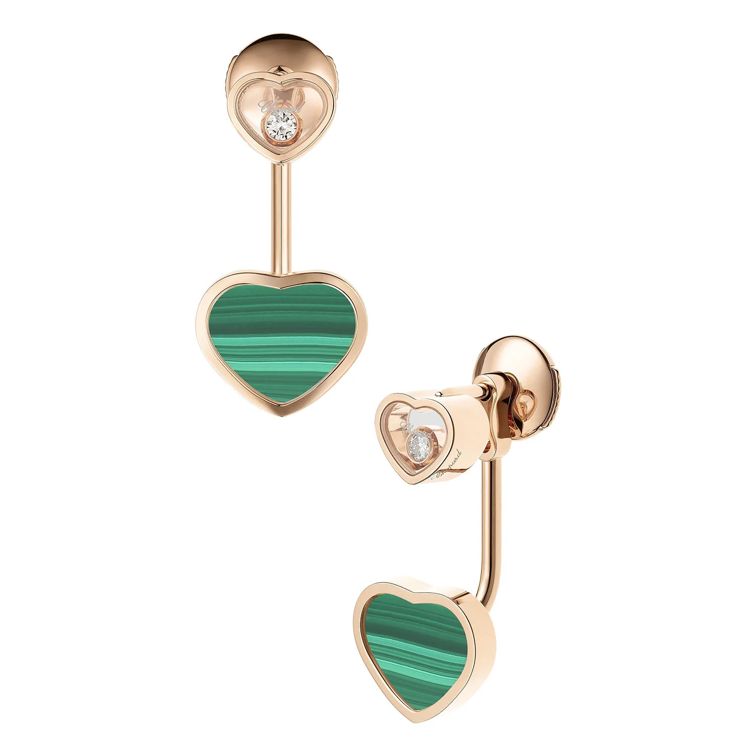 18ct Rose Gold Happy Hearts Malacite & Diamond Drop Earrings - Image 3