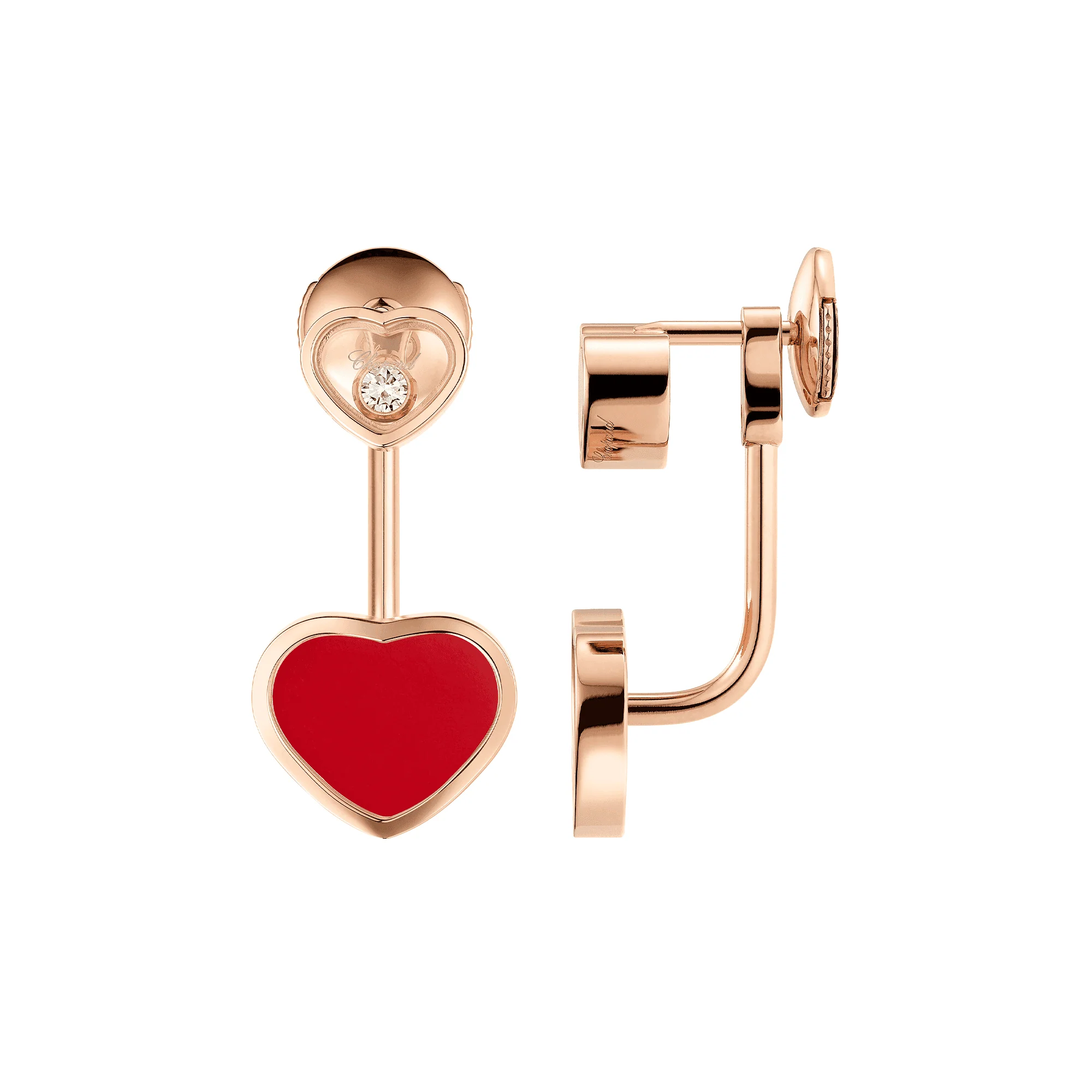 18ct Rose Gold Happy Hearts Red Stone & Diamond Drop Earrings - Image 3