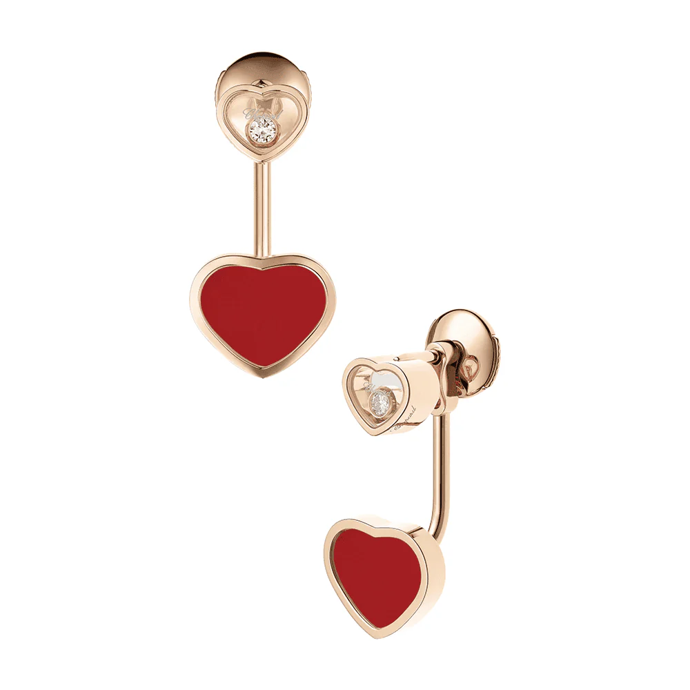 18ct Rose Gold Happy Hearts Red Stone & Diamond Drop Earrings - Image 5