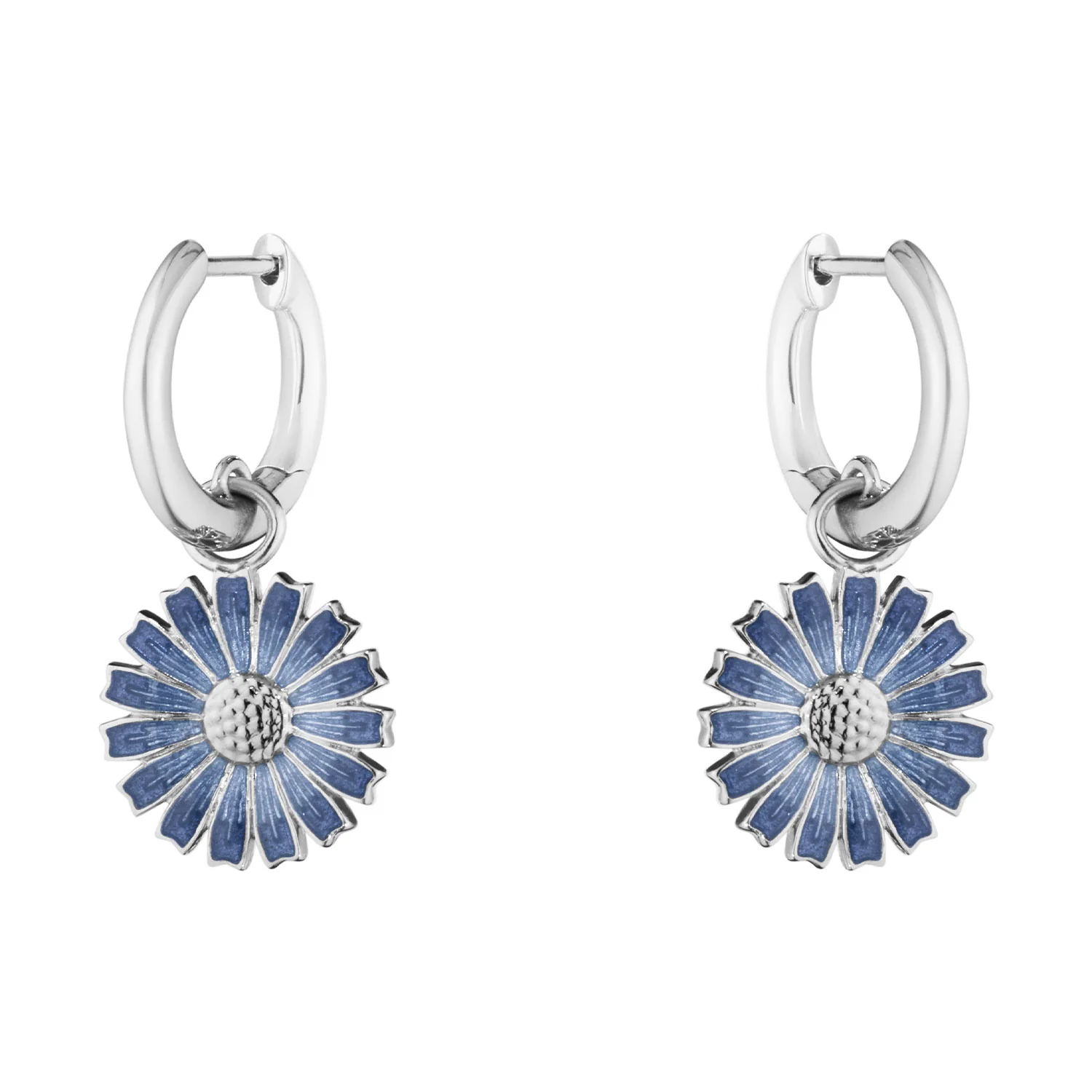 Daisy Silver And Blue Enamel Hoop Drop Earrings