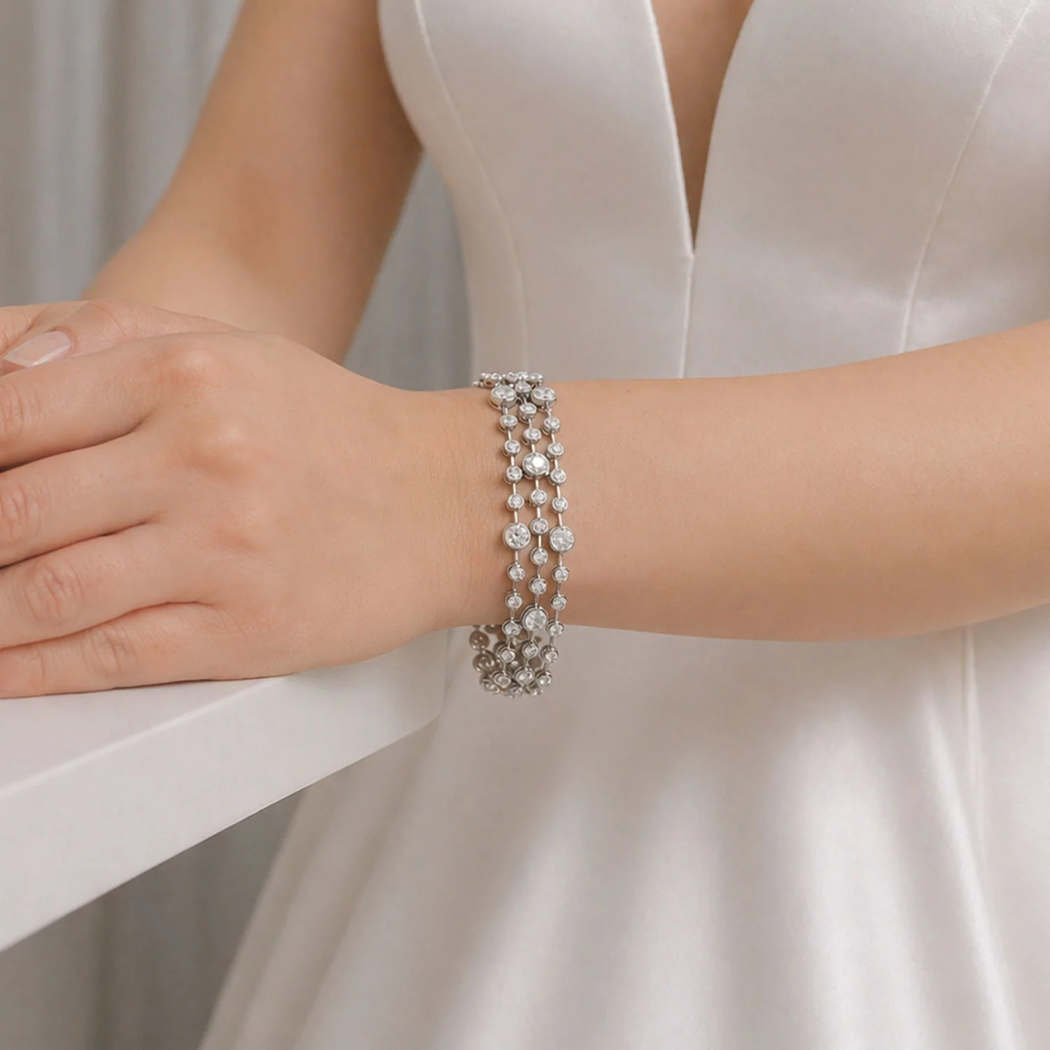 18ct White Gold Diamond Three Strand Vintage Style Bracelet - Image 2