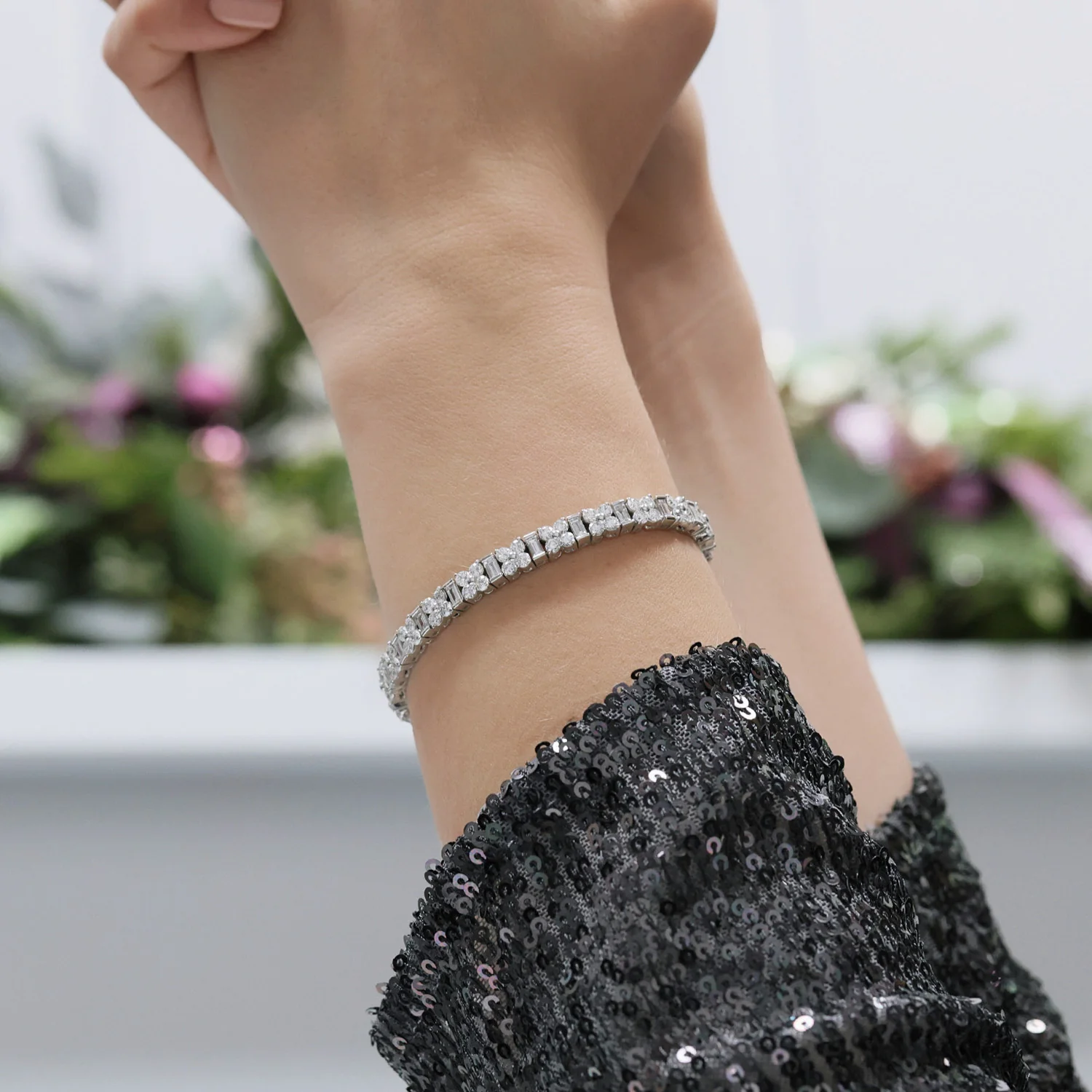18ct White Gold Round Brilliant And Baguette Cut Diamond Flower Cluster Tennis Bracelet - Image 2