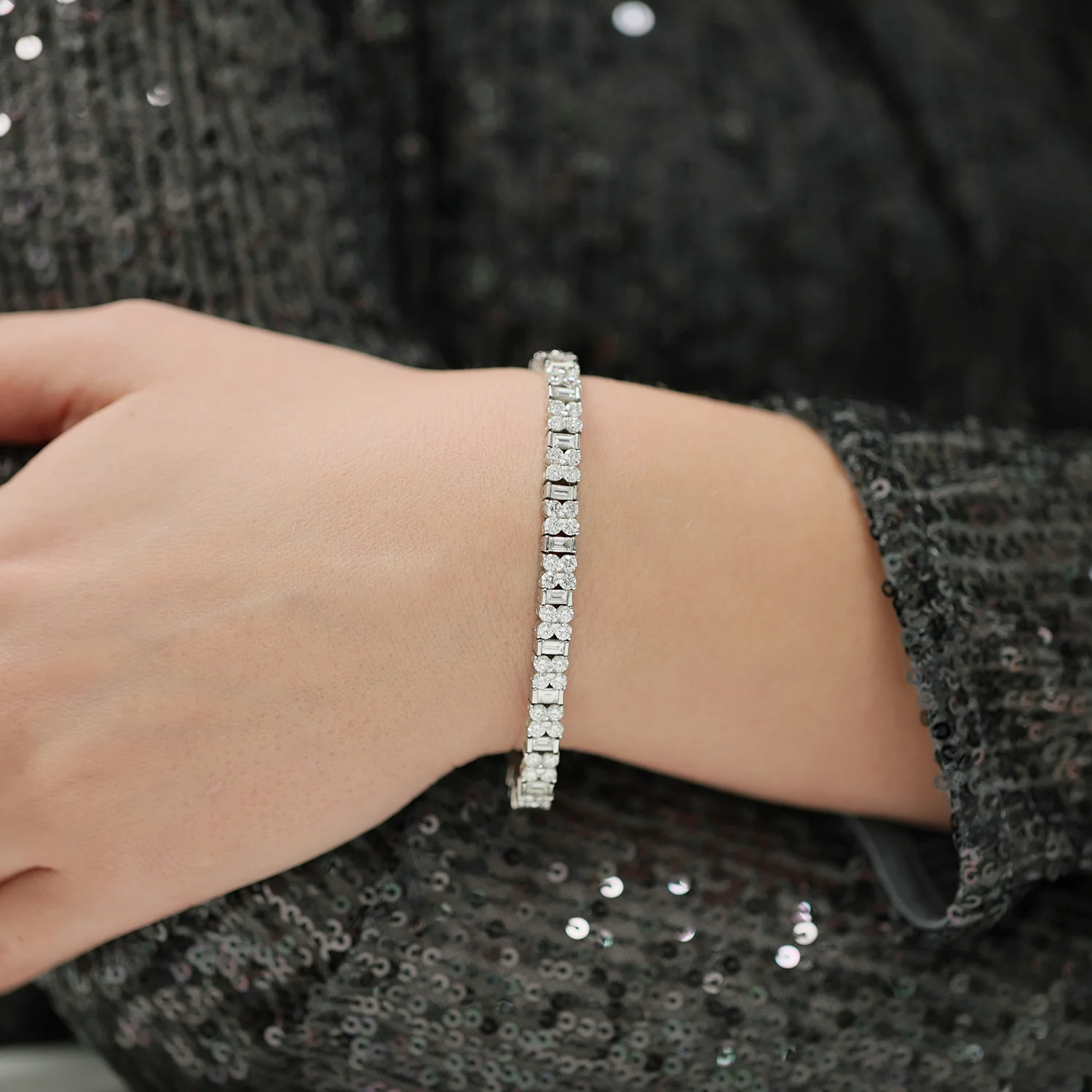 18ct White Gold Round Brilliant And Baguette Cut Diamond Flower Cluster Tennis Bracelet - Image 3