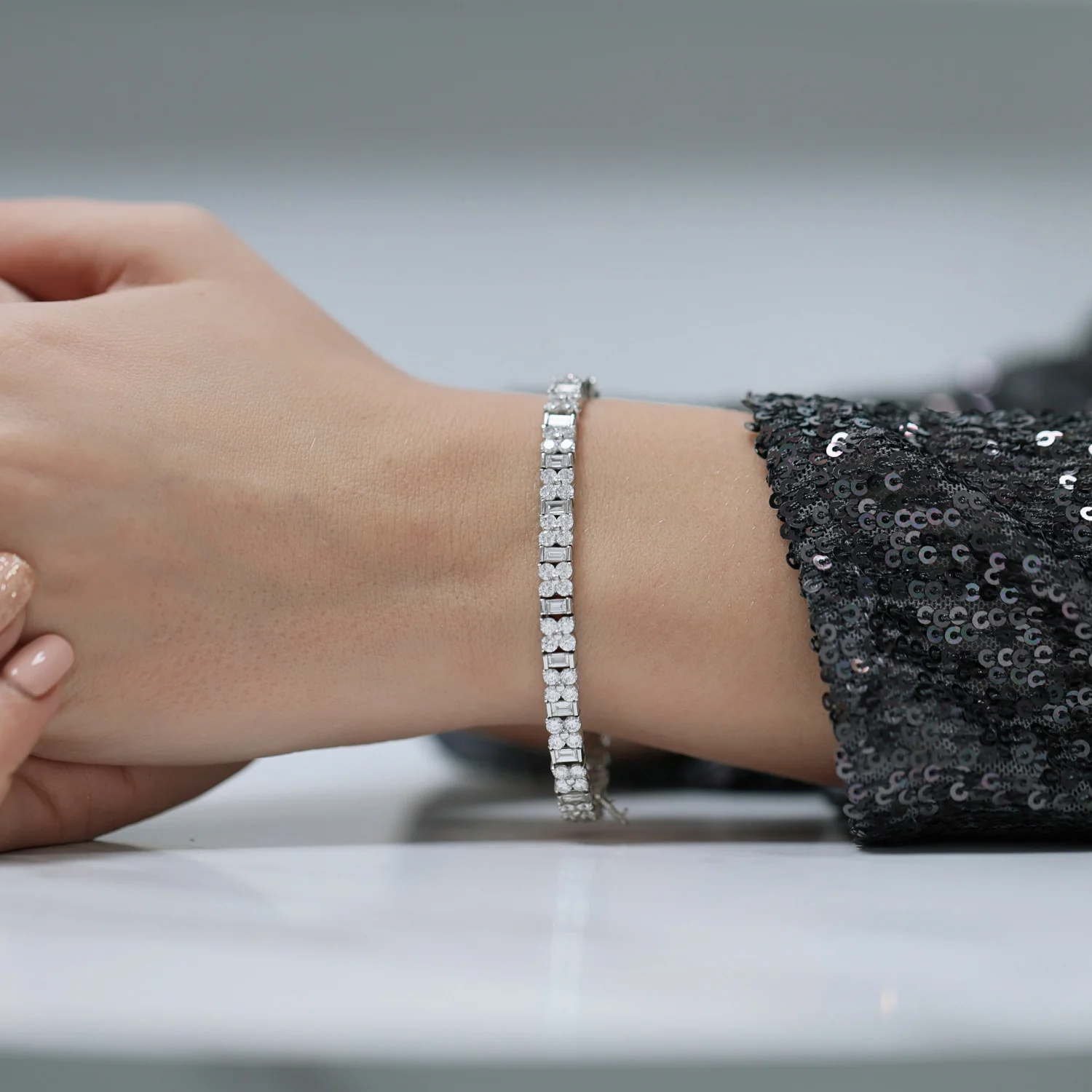 18ct White Gold Round Brilliant And Baguette Cut Diamond Flower Cluster Tennis Bracelet - Image 4