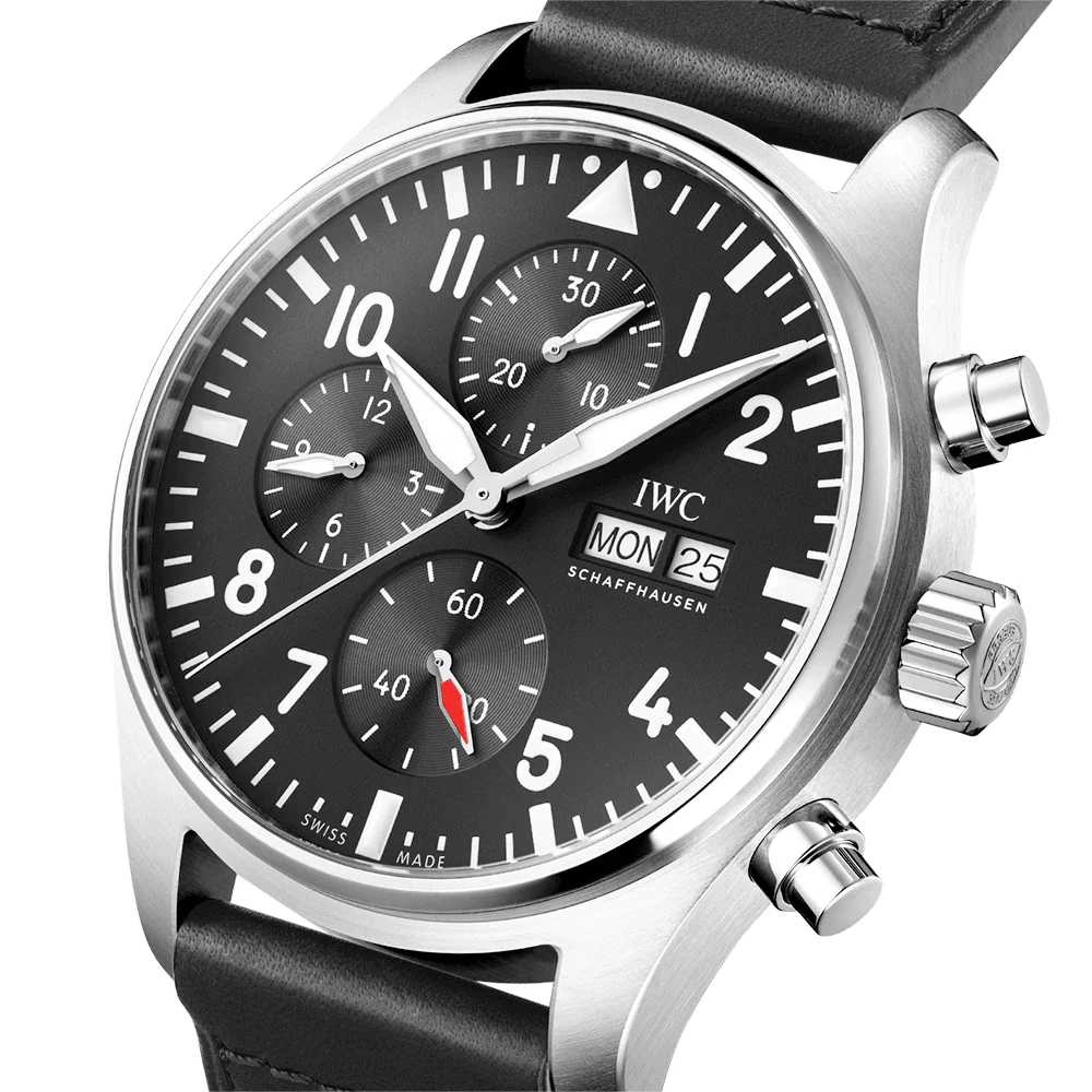 Pilot's 43mm Black Dial Chronograph Leather Strap Watch - Image 2