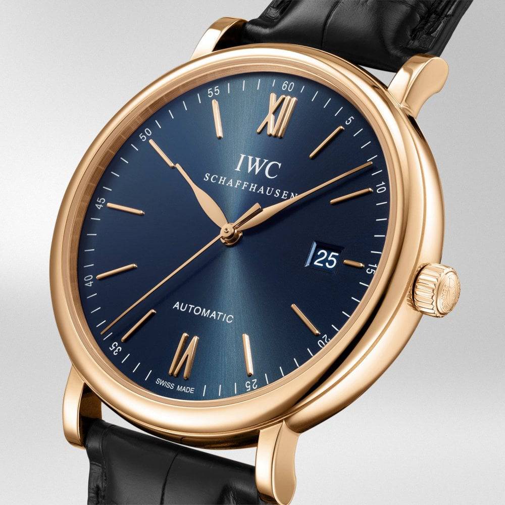Portofino 40mm 18ct Red Gold Blue Dial Men's Leather Strap Watch - Image 2