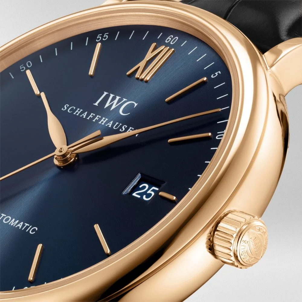 Portofino 40mm 18ct Red Gold Blue Dial Men's Leather Strap Watch - Image 4