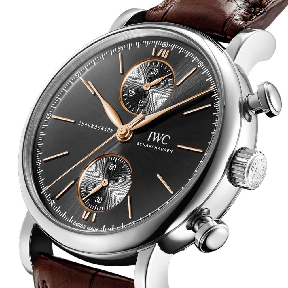 Portofino 39mm Black/Rose Dial Chronograph Leather Strap Watch - Image 2