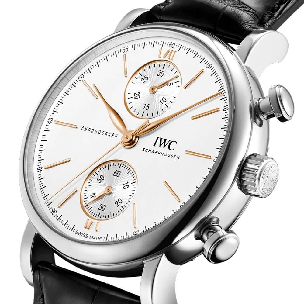 Portofino 39mm Silver/Rose Dial Chronograph Leather Strap Watch - Image 2