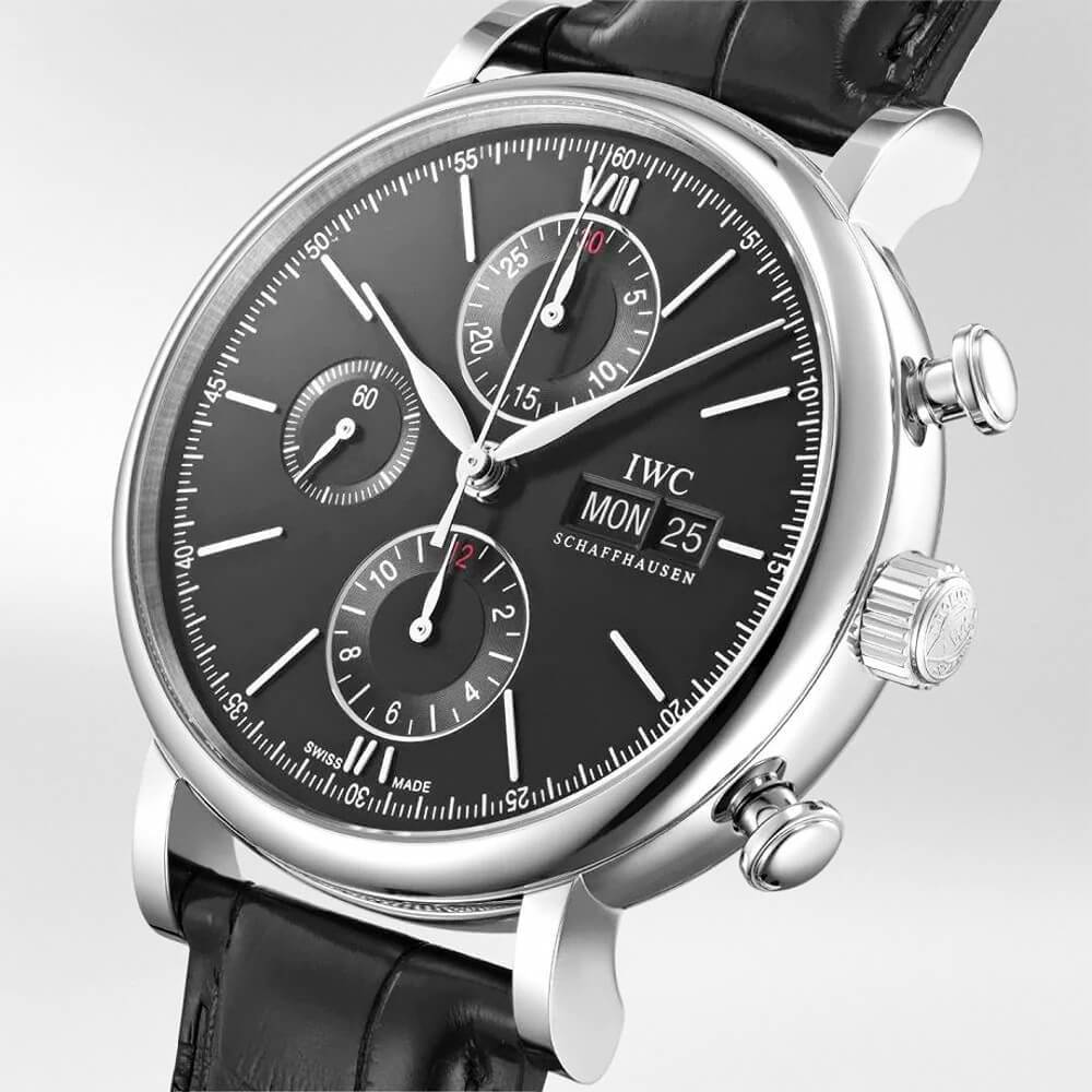 Portofino 42mm Black Dial Men's Chronograph Leather Strap Watch - Image 2