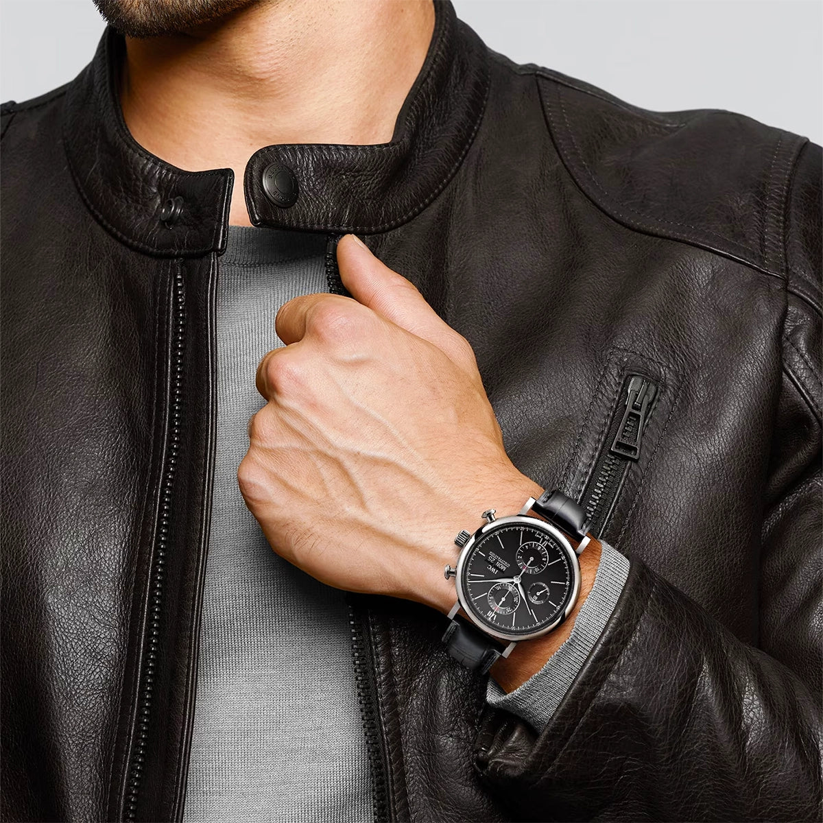 Portofino 42mm Black Dial Men's Chronograph Leather Strap Watch - Image 5