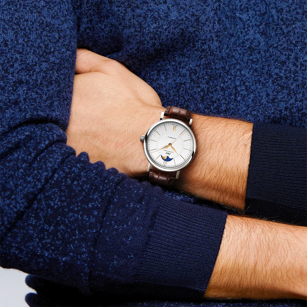 Portofino Moonphase 40mm Silver/Rose Dial Leather Strap Watch - Image 5