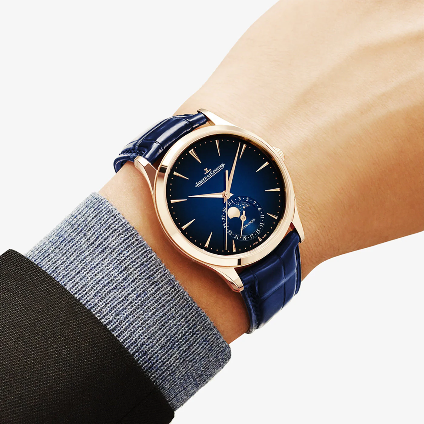 Master Ultra Thin Moon 18ct Pink Gold Blue Dial Strap Watch - Image 2
