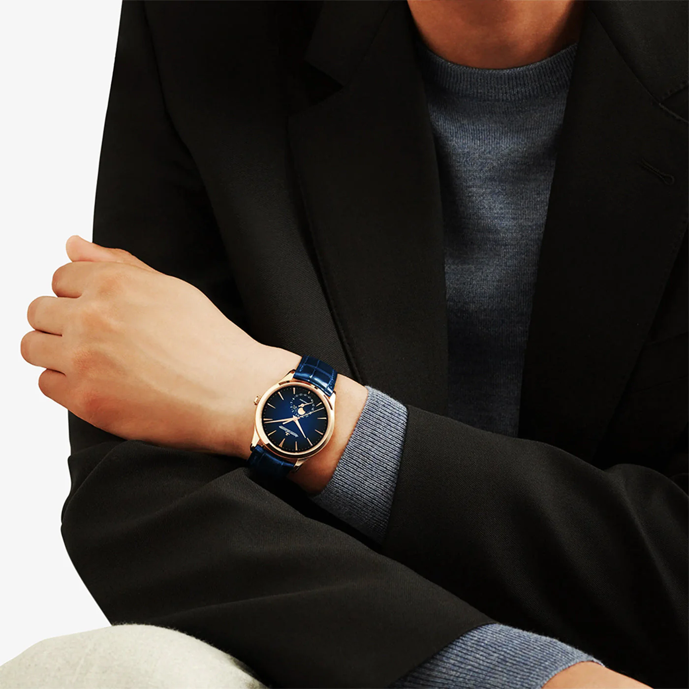 Master Ultra Thin Moon 18ct Pink Gold Blue Dial Strap Watch - Image 3