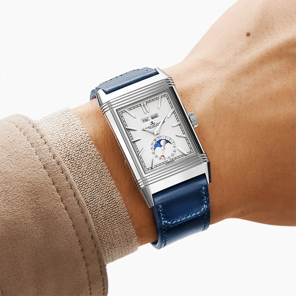Reverso Tribute Duoface Calendar Large Silver Dial Leather Strap Watch - Image 2