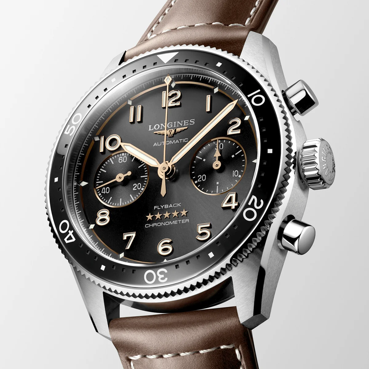 Spirit Flyback 42mm Black Sunray Dial Chronograph Leather Strap Watch - Image 3