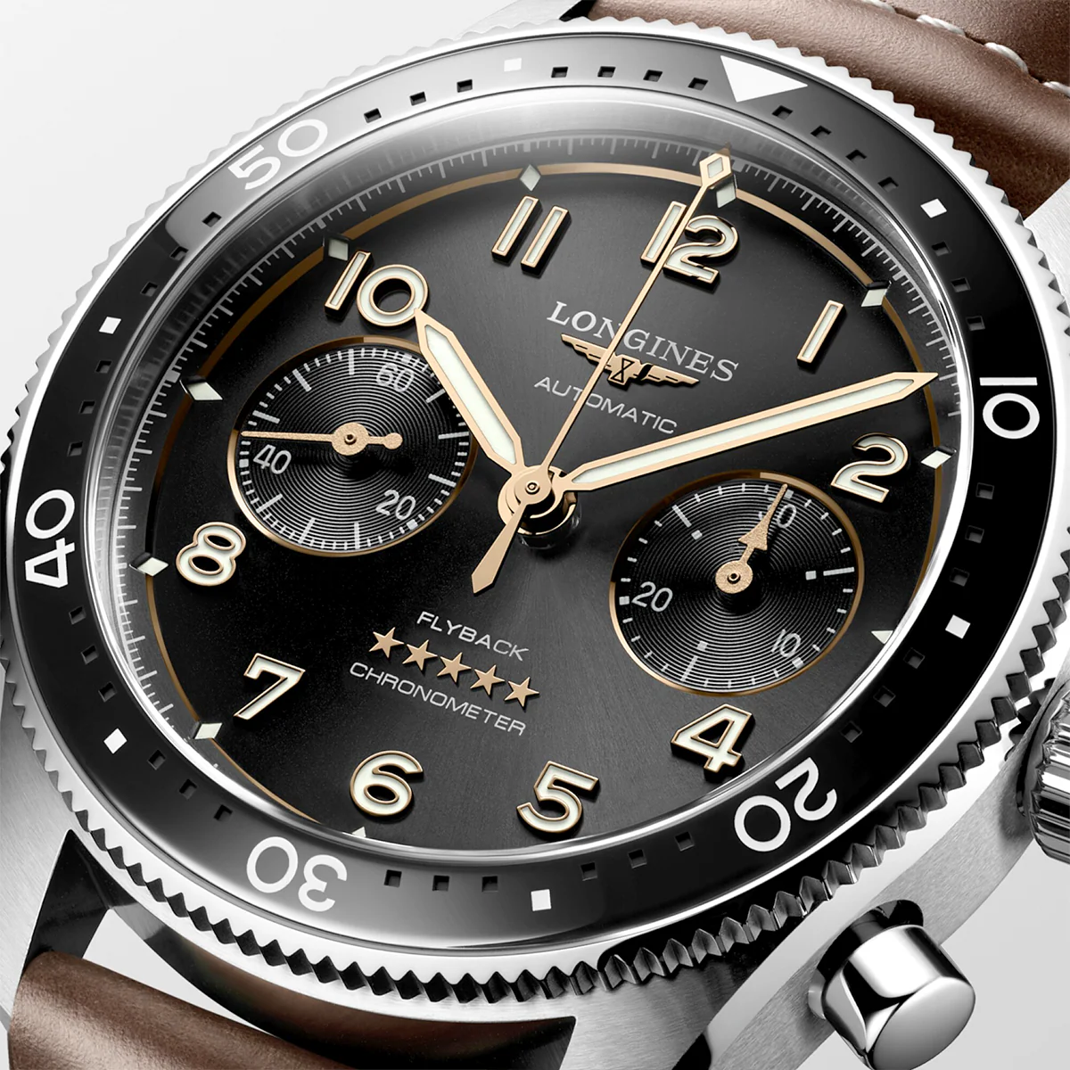 Spirit Flyback 42mm Black Sunray Dial Chronograph Leather Strap Watch - Image 5
