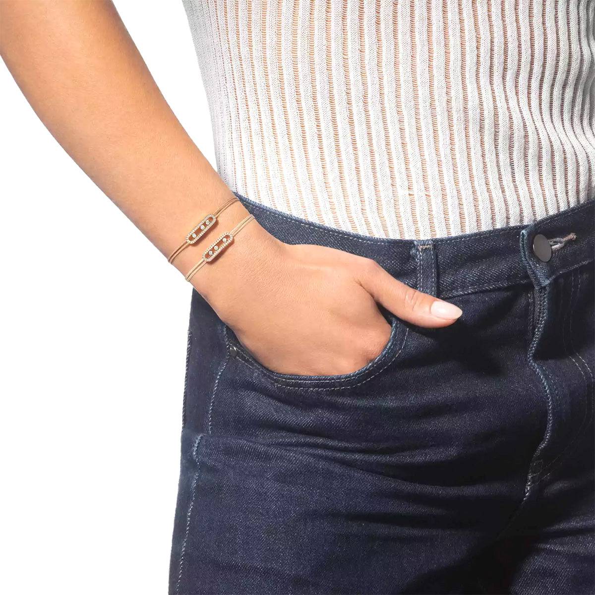 18ct Yellow Gold Pave Diamond Set Messika Cares Beige Cord Bracelet - Image 2