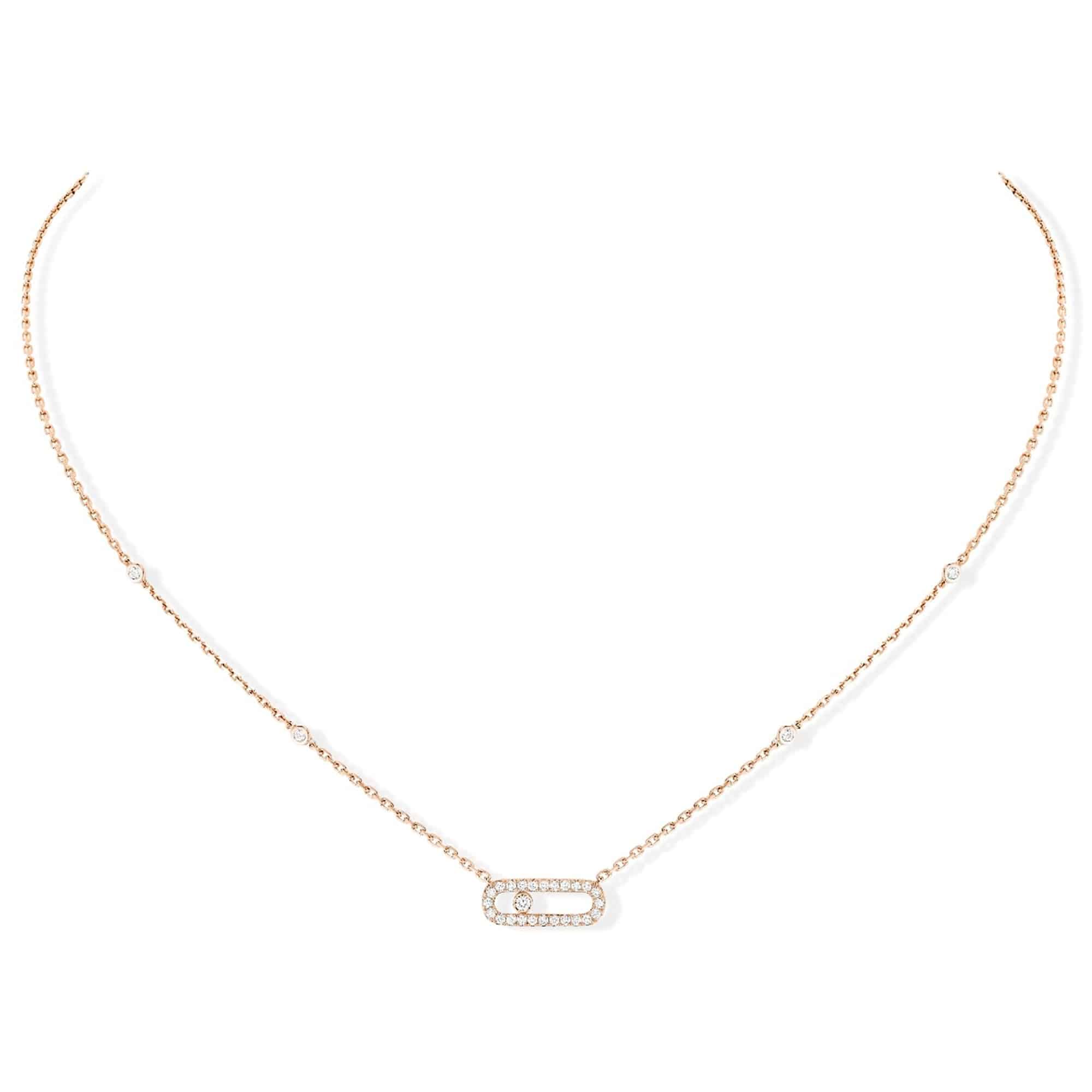18ct Pink Gold Move Uno Single Diamond And Pave Set Diamond Necklace