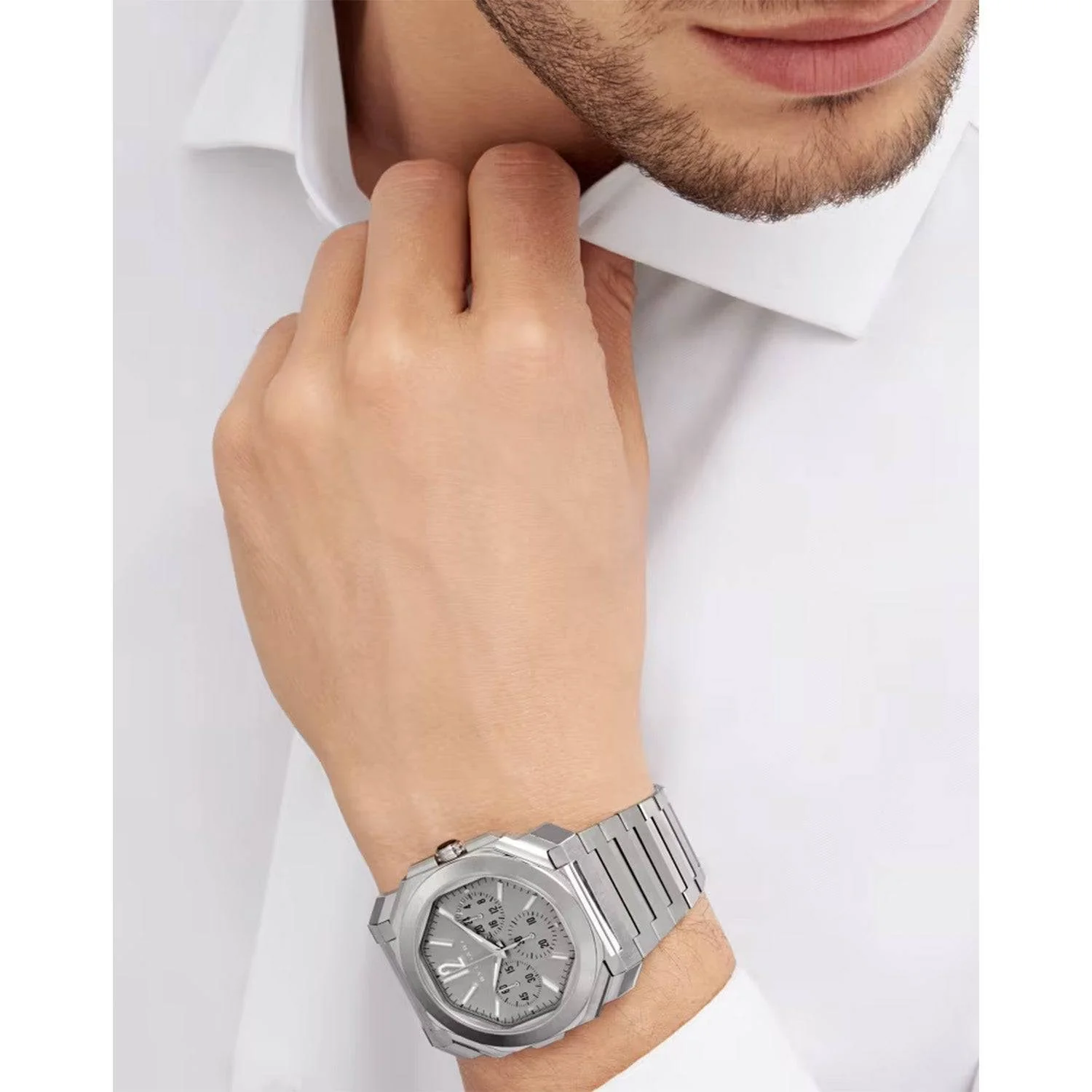Octo Finissimo 43mm Chronograph Ultra Thin GMT Silver Dial Automatic Bracelet Watch - Image 2