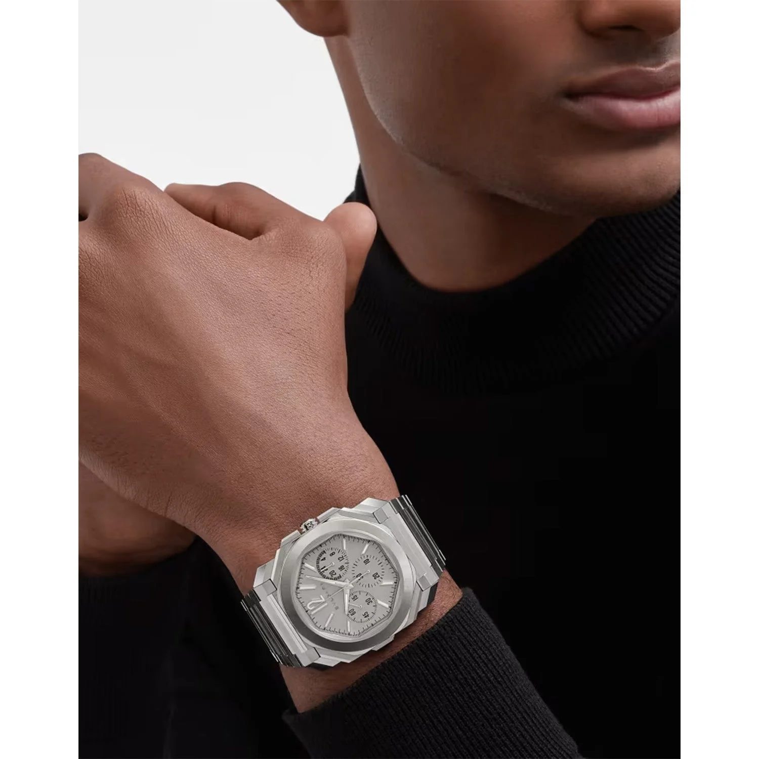 Octo Finissimo 43mm Chronograph Ultra Thin GMT Silver Dial Automatic Bracelet Watch - Image 3