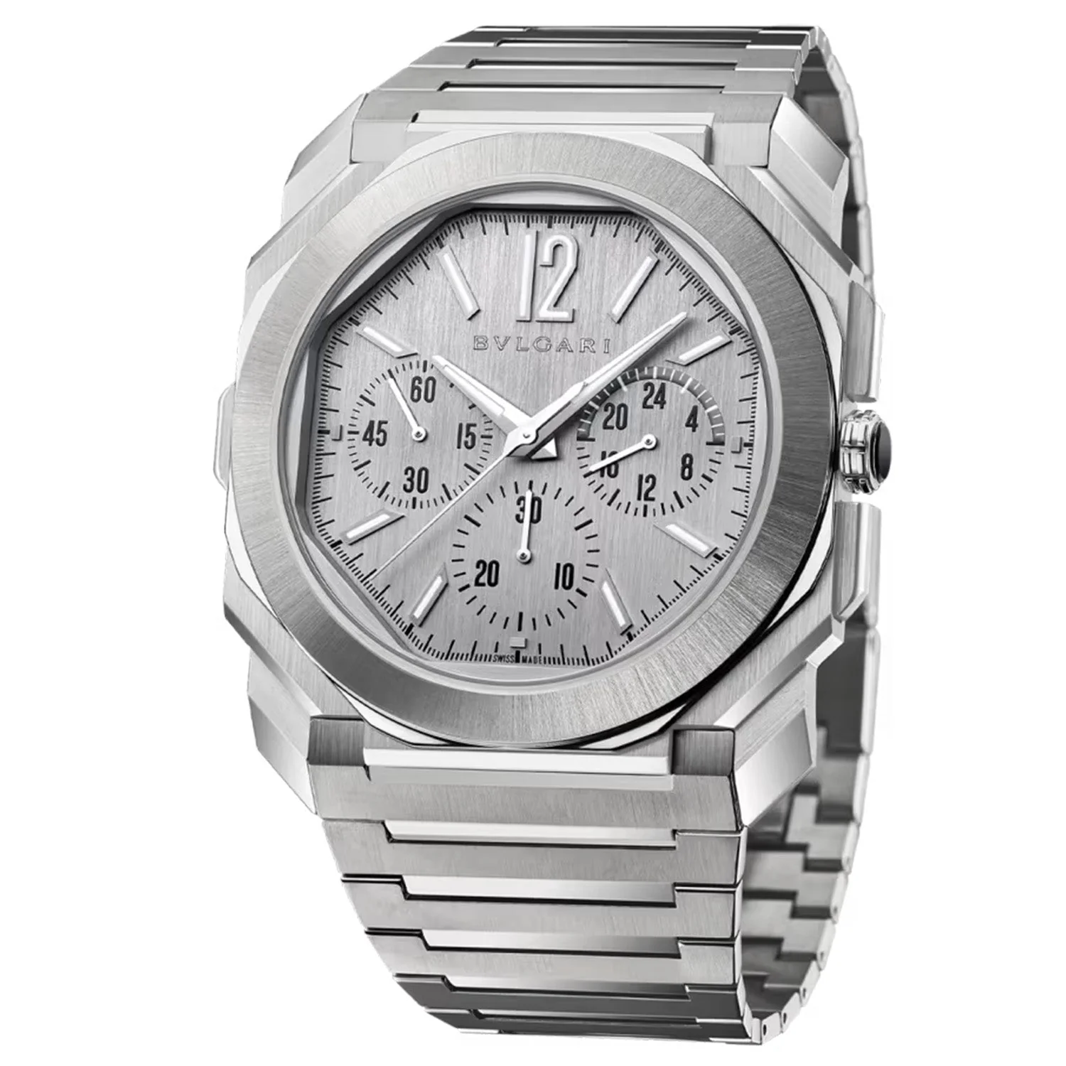 Octo Finissimo 43mm Chronograph Ultra Thin GMT Silver Dial Automatic Bracelet Watch - Image 6